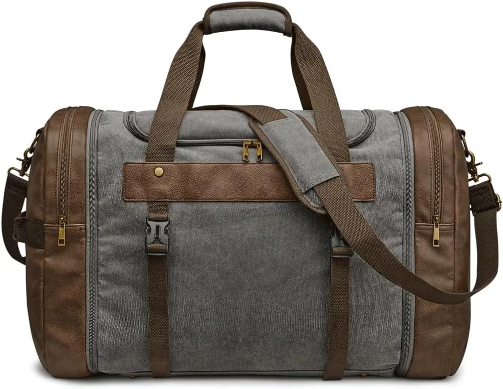 65L Canvas Duffle Bag Travel Overnight Carry on Duffel with Shoes Compartment for Men Women,Gray-As shown