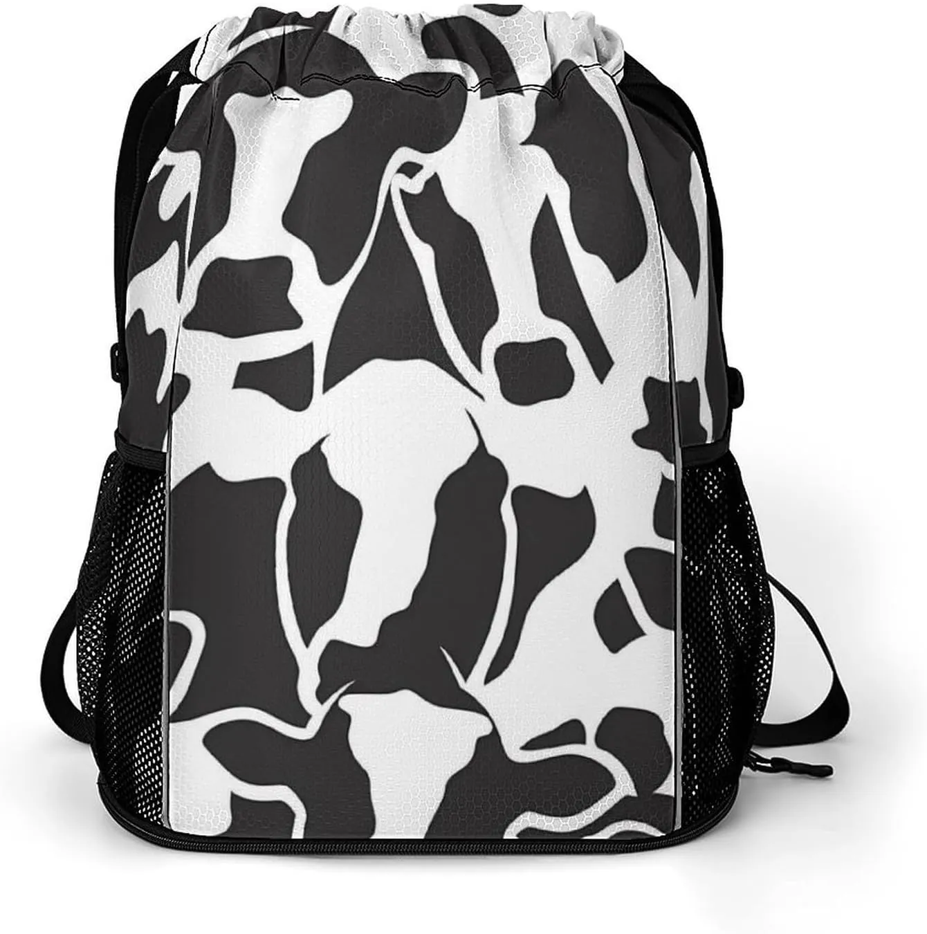 Abstract Cow Black White Pattern Drawstring Backpack String Bag Sports Gym Sackpack with Side Pocket Shoes Compartment