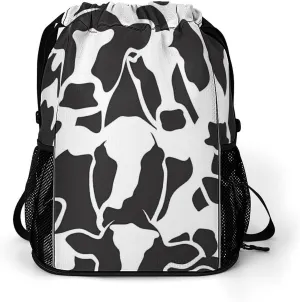 Abstract Cow Black White Pattern Drawstring Backpack String Bag Sports Gym Sackpack with Side Pocket Shoes Compartment