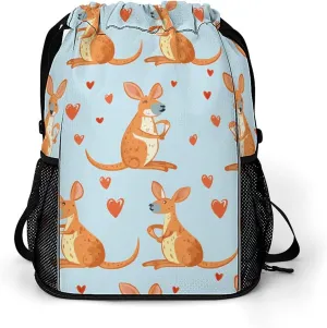 Abstract Kangaroos And Hearts Drawstring Backpack String Bag Sports Gym Sackpack with Side Pocket Shoes Compartment