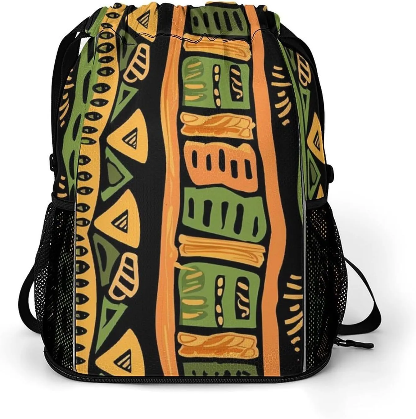 African Ethnic Patterns Drawstring Backpack String Bag Sports Gym Sackpack with Side Pocket Shoes Compartment