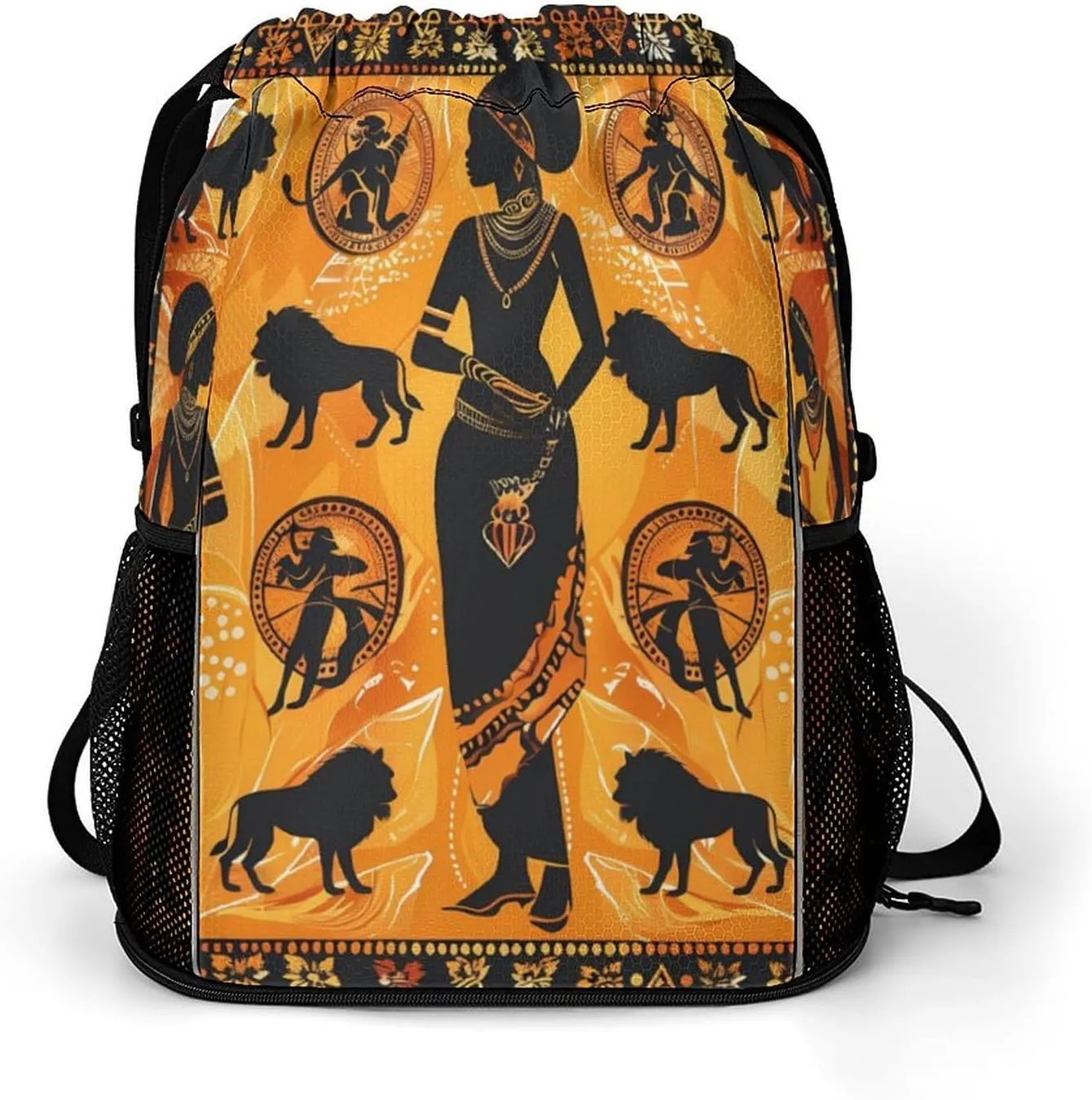 African Traditional Women And Animals Drawstring Backpack String Bag Sports Gym Sackpack with Side Pocket Shoes Compartment