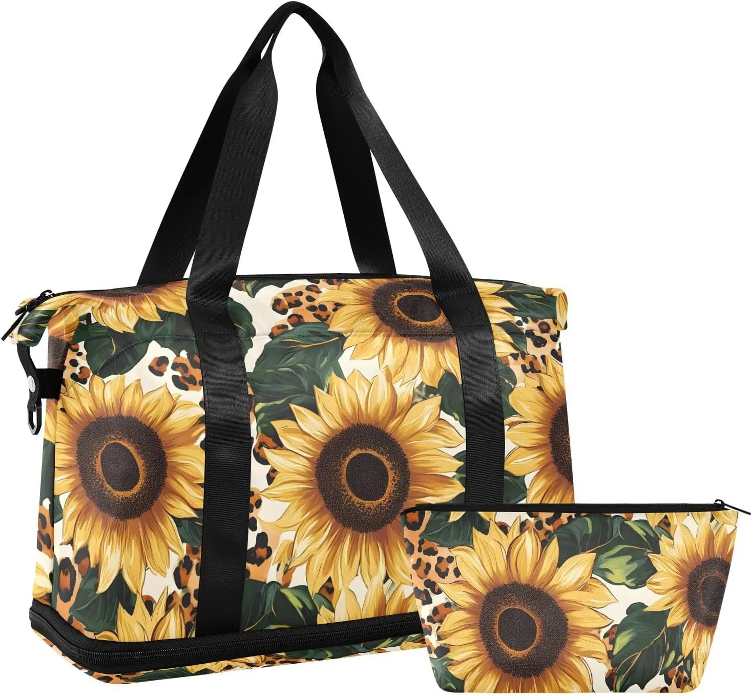 AIXIWAWA Duffel Bag Leopard Sunflower Print for Travel Gym with Shoes Compartment Large Capacity with Toiletry Bag