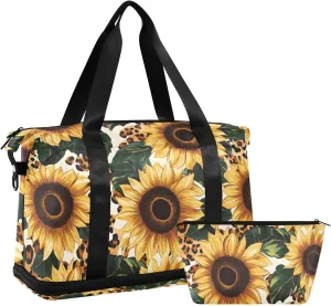 AIXIWAWA Duffel Bag Leopard Sunflower Print for Travel Gym with Shoes Compartment Large Capacity with Toiletry Bag