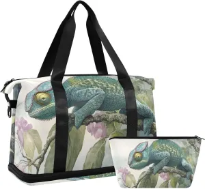 AIXIWAWA Duffel Bags Chameleon Floral Print for Travel Gym with Shoes Compartment Large Capacity with Toiletry Bag