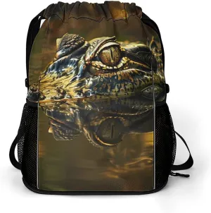 Alligator Head And Eyes Above Water Drawstring Backpack String Bag Sports Gym Sackpack with Side Pocket Shoes Compartment