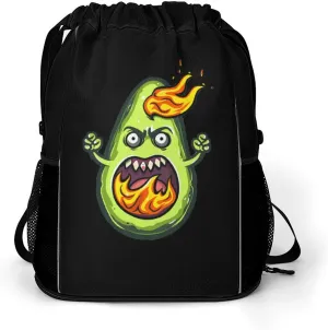 Angry Avocado With Flames Drawstring Backpack String Bag Sports Gym Sackpack with Side Pocket Shoes Compartment