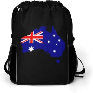 Australia Map Flag Drawstring Backpack String Bag Sports Gym Sackpack with Side Pocket Shoes Compartment
