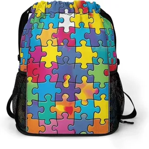Autism Puzzle Awareness Drawstring Backpack String Bag Sports Gym Sackpack with Side Pocket Shoes Compartment