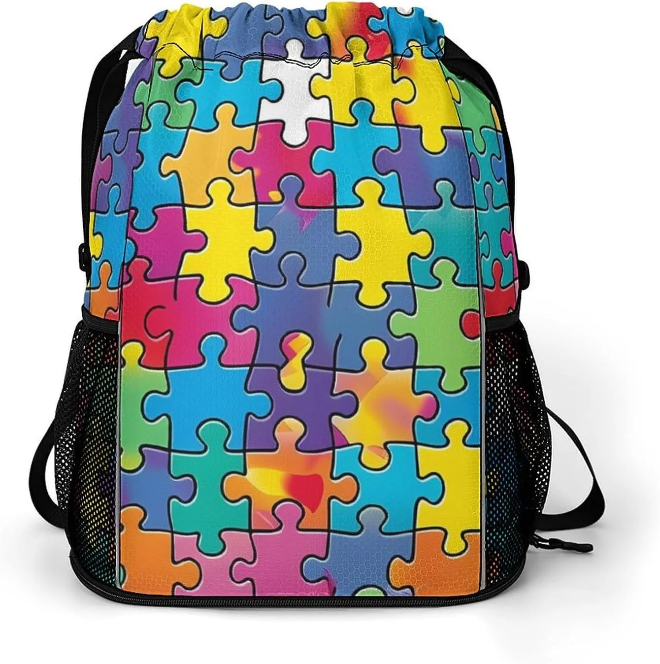 Autism Puzzle Awareness Drawstring Backpack String Bag Sports Gym Sackpack with Side Pocket Shoes Compartment