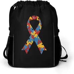 Autism Ribbon Awareness Drawstring Backpack String Bag Sports Gym Sackpack with Side Pocket Shoes Compartment