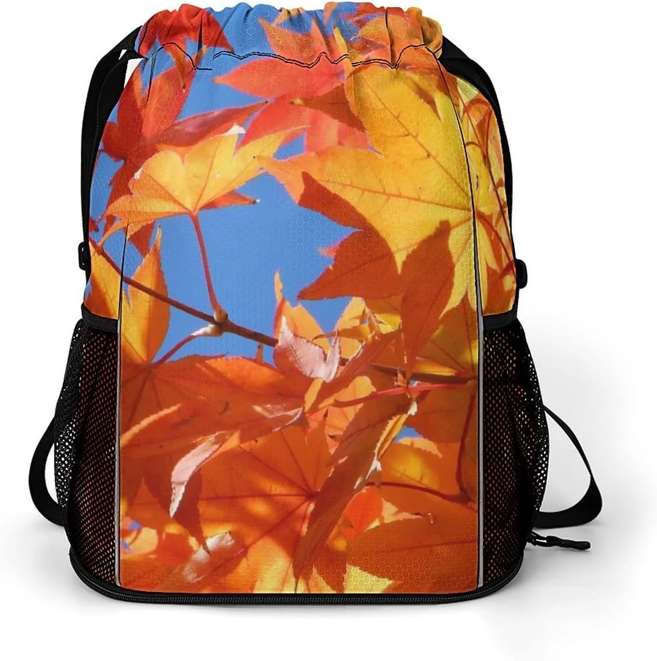 Autumn Maple Leaves Drawstring Backpack String Bag Sports Gym Sackpack with Side Pocket Shoes Compartment