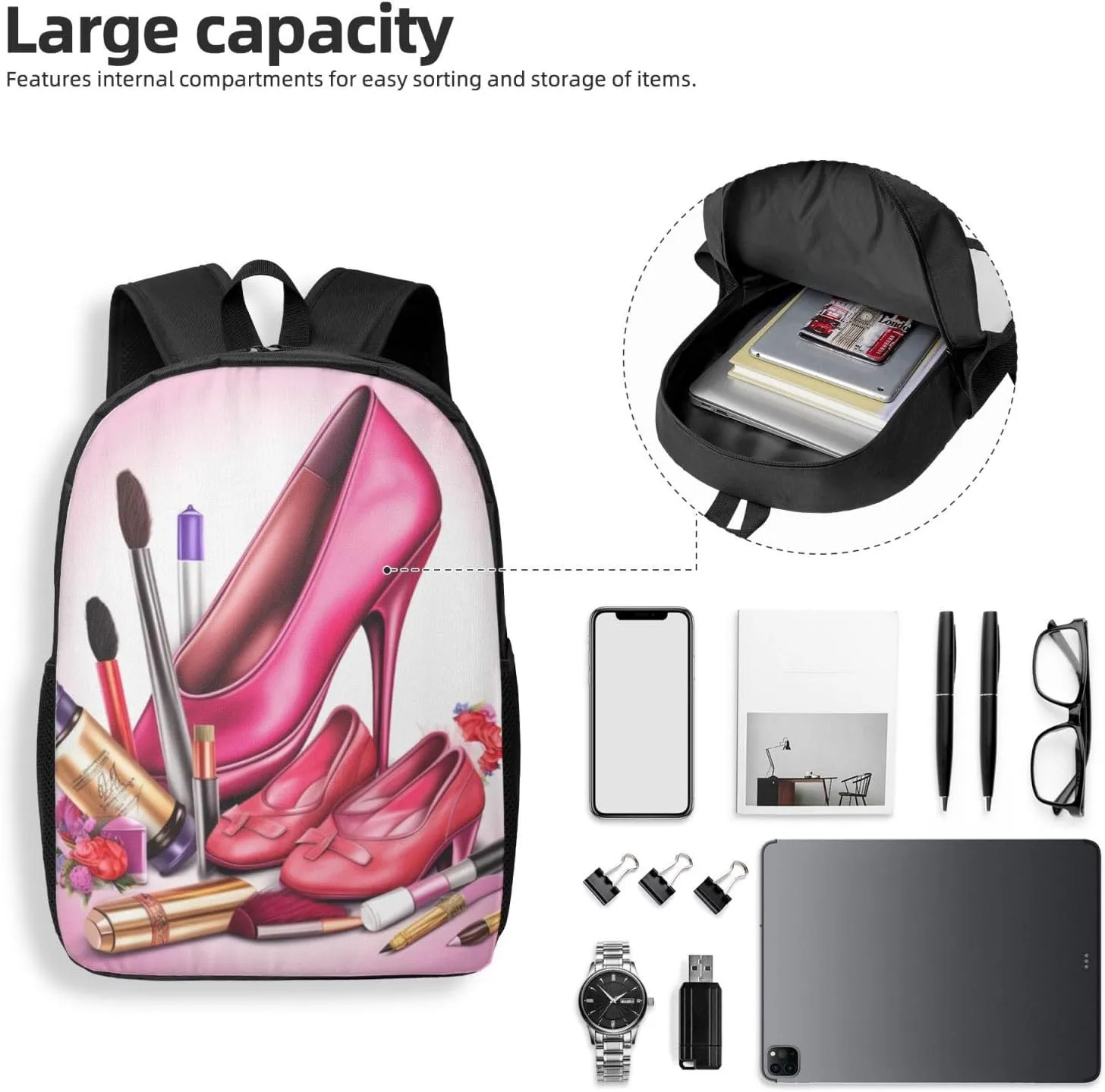 Backpack shoes and makeup Travel Casual Laptop Backpack 17 inch Waterproof Hiking Daypack for Men Women