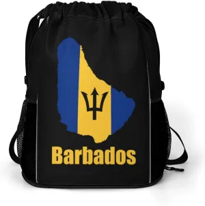 Barbados Flag Map Drawstring Backpack String Bag Sports Gym Sackpack with Side Pocket Shoes Compartment