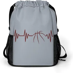 Basketball Heartbeat Drawstring Backpack String Bag Sports Gym Sackpack with Side Pocket Shoes Compartment