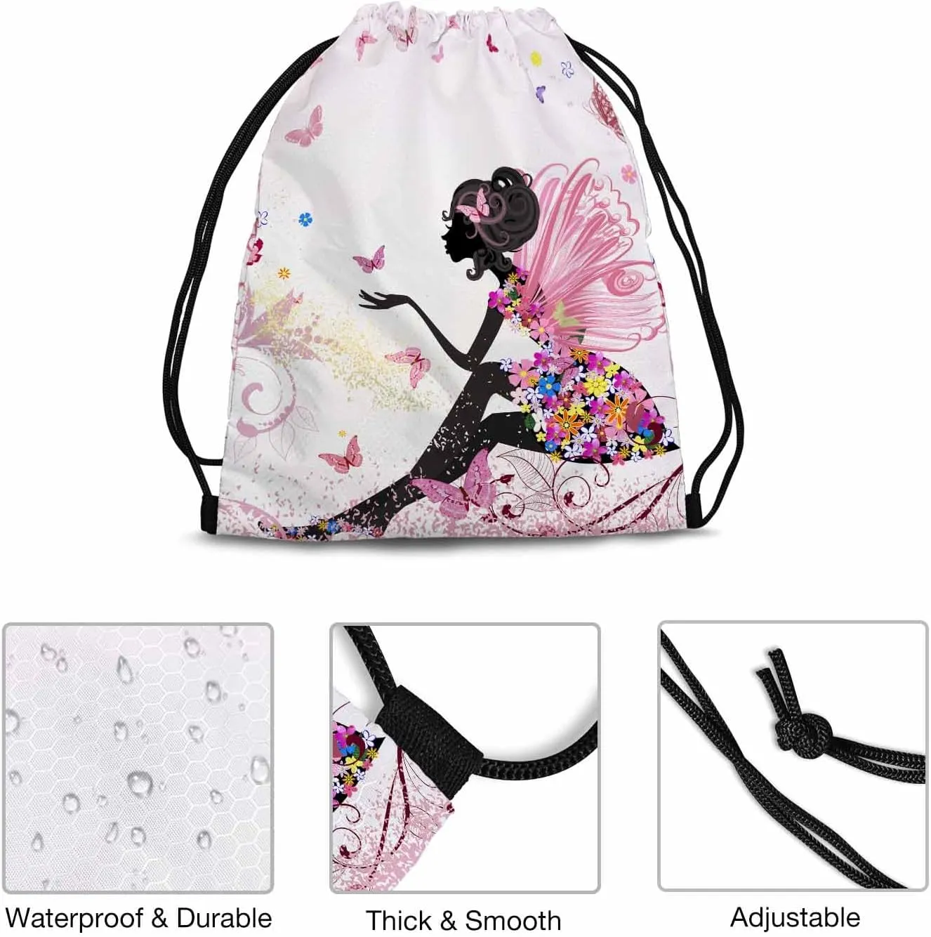 Beautiful Fairy Colorful Flower Dress Pink Butterflies Gym Backpack Lightweight Waterproof Sports Backpack Stroage Shoes Ball