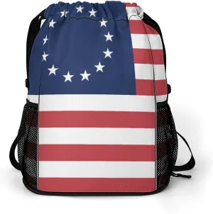Betsy Ross Flag U.S.A Drawstring Backpack String Bag Sports Gym Sackpack with Side Pocket Shoes Compartment