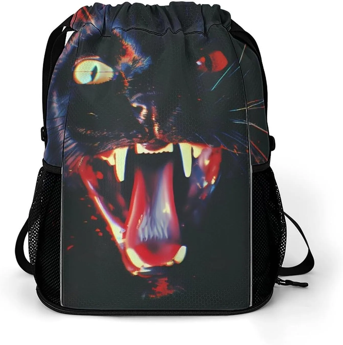 Black Cats Showing Fangs Drawstring Backpack String Bag Sports Gym Sackpack with Side Pocket Shoes Compartment