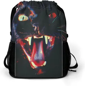 Black Cats Showing Fangs Drawstring Backpack String Bag Sports Gym Sackpack with Side Pocket Shoes Compartment
