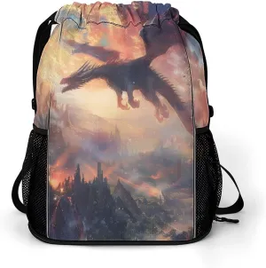 Black Dragon Flying Burning Trees Drawstring Backpack String Bag Sports Gym Sackpack with Side Pocket Shoes Compartment