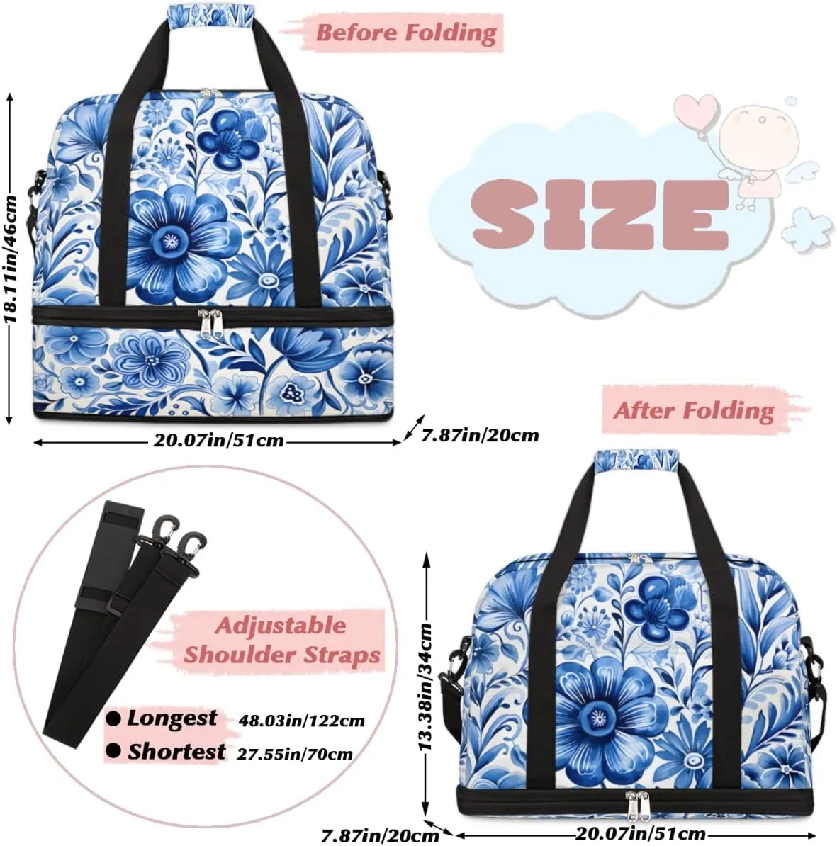 Blue Floral Foldable Travel Duffel Bag Overnight Weekender Bag with Shoes Compartment Sports Gym Bag for Men Women