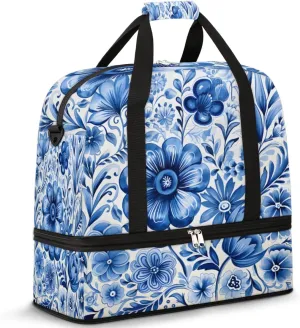 Blue Floral Foldable Travel Duffel Bag Overnight Weekender Bag with Shoes Compartment Sports Gym Bag for Men Women