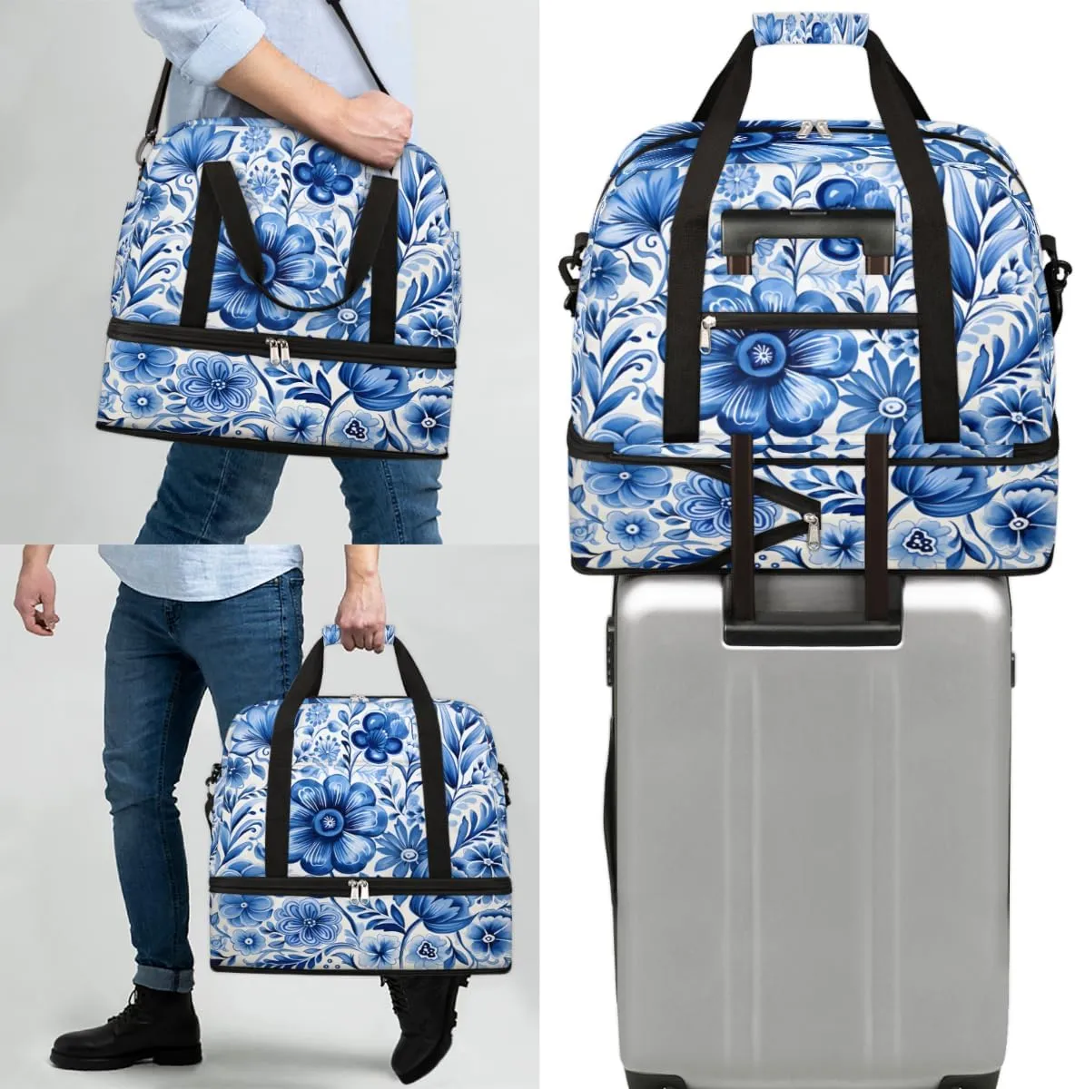 Blue Floral Foldable Travel Duffel Bag Overnight Weekender Bag with Shoes Compartment Sports Gym Bag for Men Women