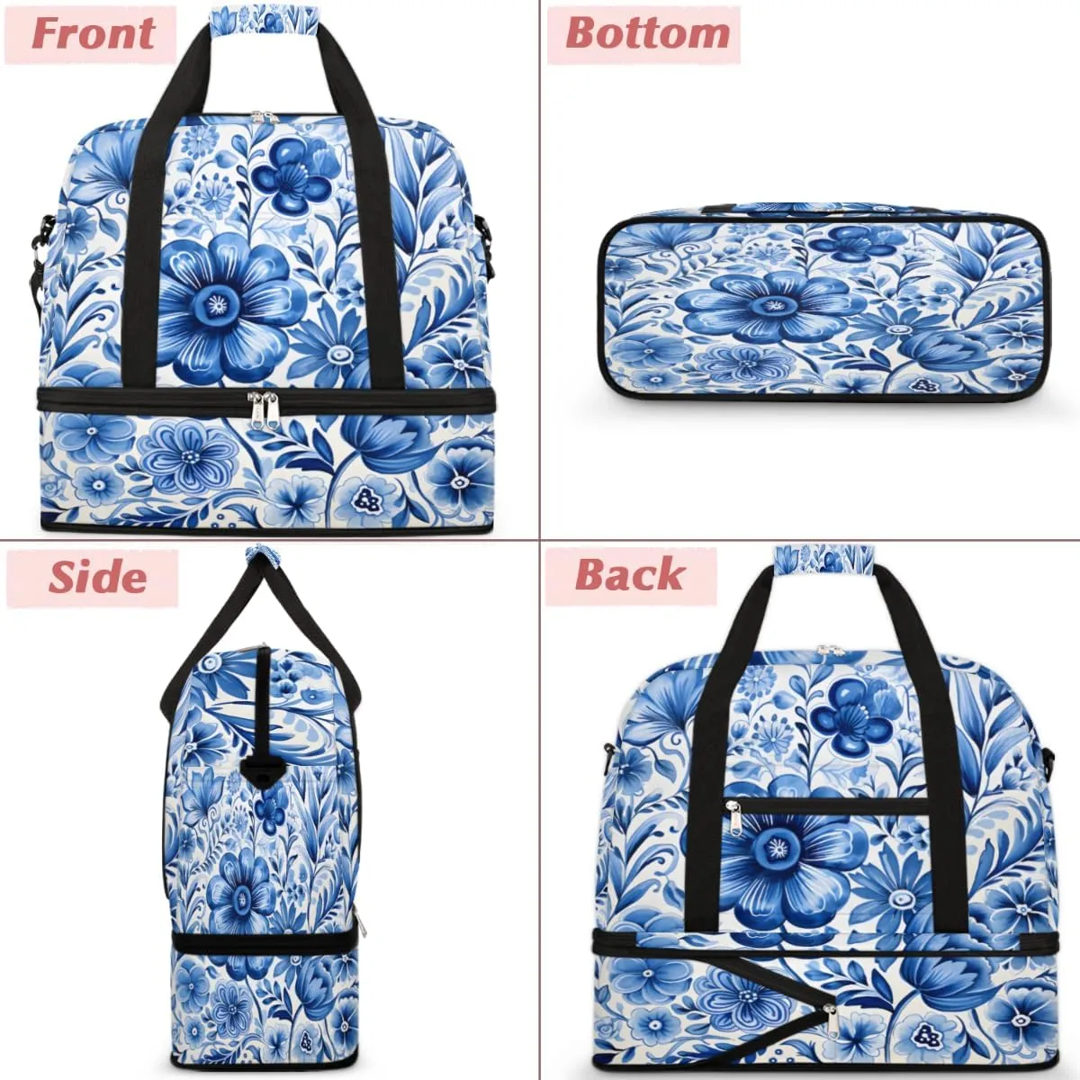 Blue Floral Foldable Travel Duffel Bag Overnight Weekender Bag with Shoes Compartment Sports Gym Bag for Men Women