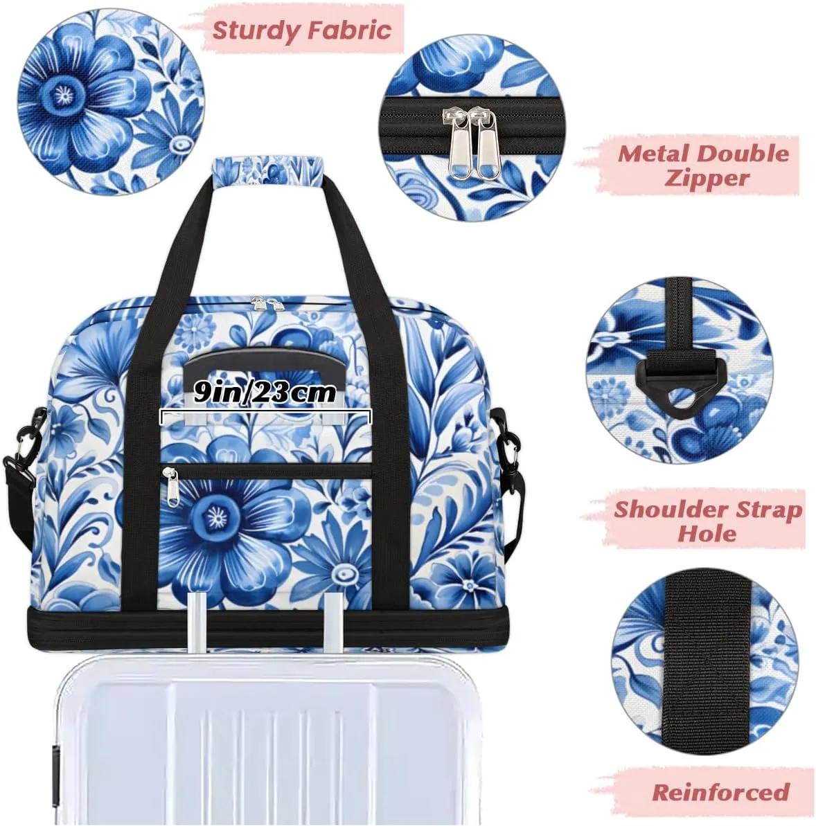Blue Floral Foldable Travel Duffel Bag Overnight Weekender Bag with Shoes Compartment Sports Gym Bag for Men Women