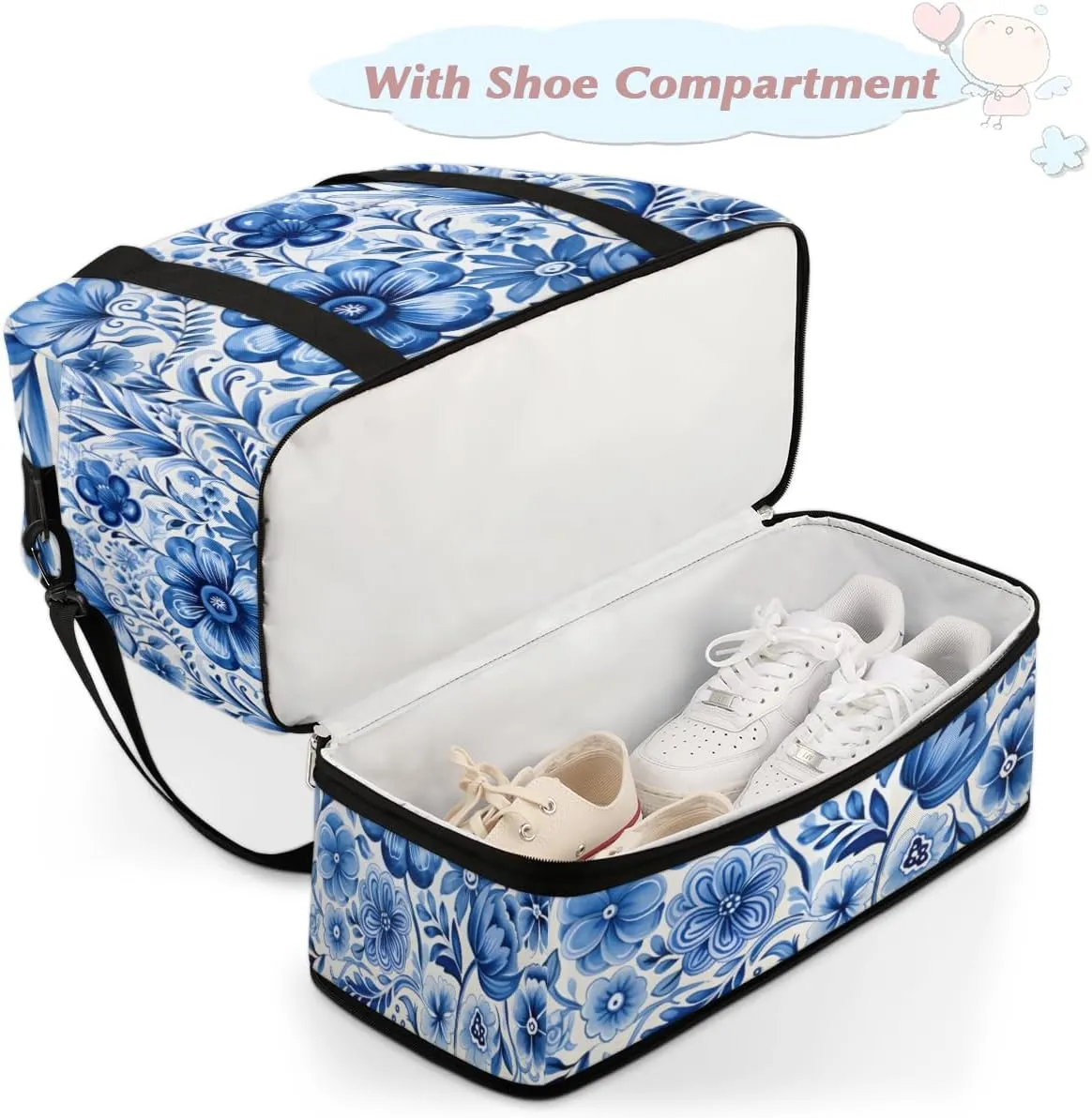 Blue Floral Foldable Travel Duffel Bag Overnight Weekender Bag with Shoes Compartment Sports Gym Bag for Men Women