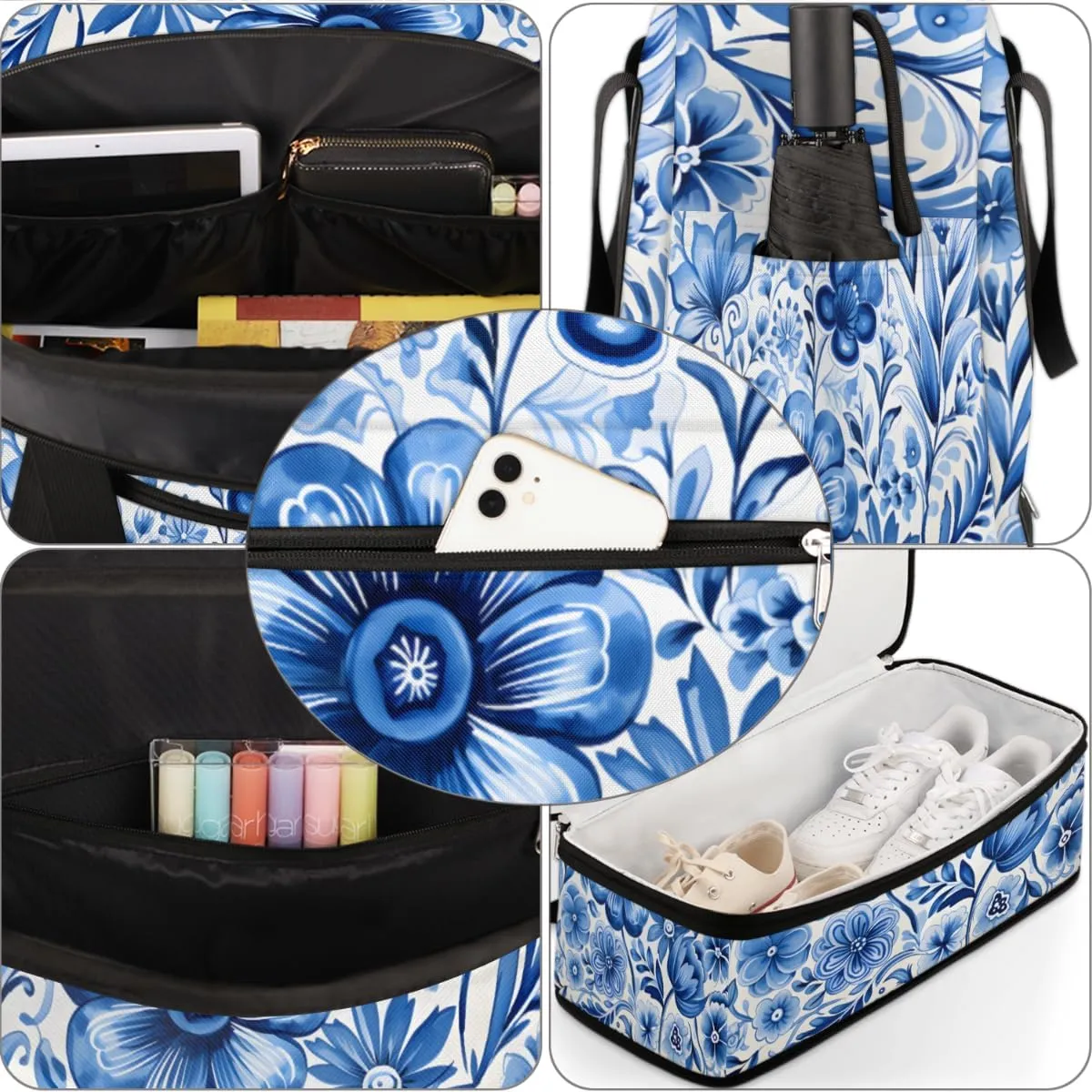 Blue Floral Foldable Travel Duffel Bag Overnight Weekender Bag with Shoes Compartment Sports Gym Bag for Men Women