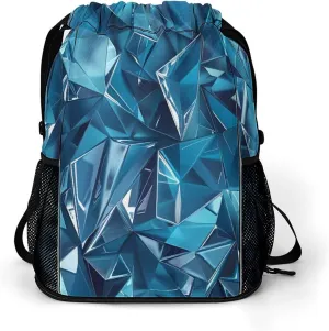 Blue Geometric Diamond Drawstring Backpack String Bag Sports Gym Sackpack with Side Pocket Shoes Compartment
