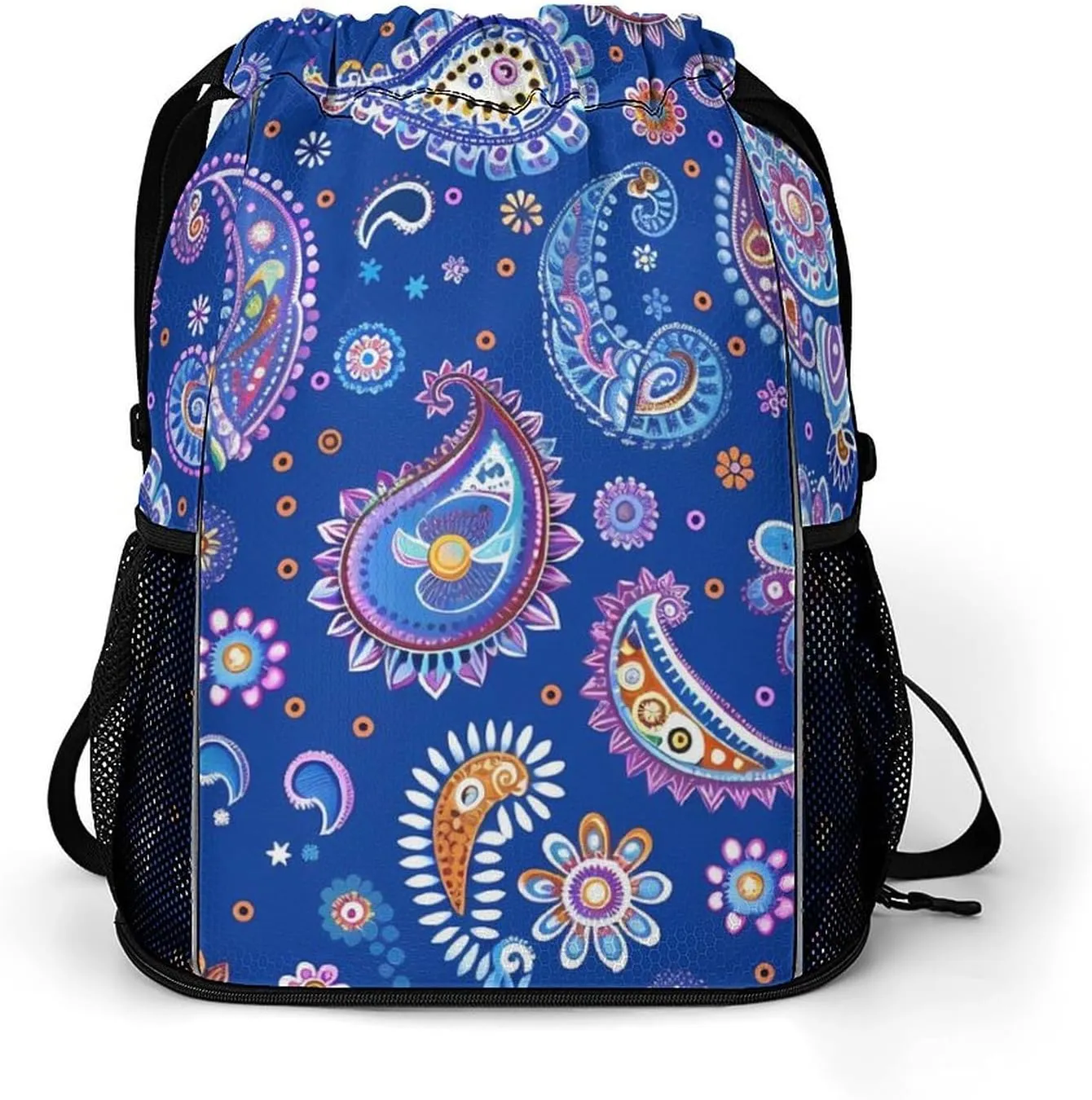 Blue Paisley Pattern Drawstring Backpack String Bag Sports Gym Sackpack with Side Pocket Shoes Compartment
