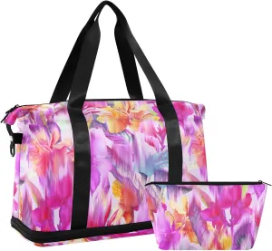 Blurred Tropical Flowers Expandable Travel Weekender Bags with Wet Pocket and Shoes Compartment Large Duffle Bag