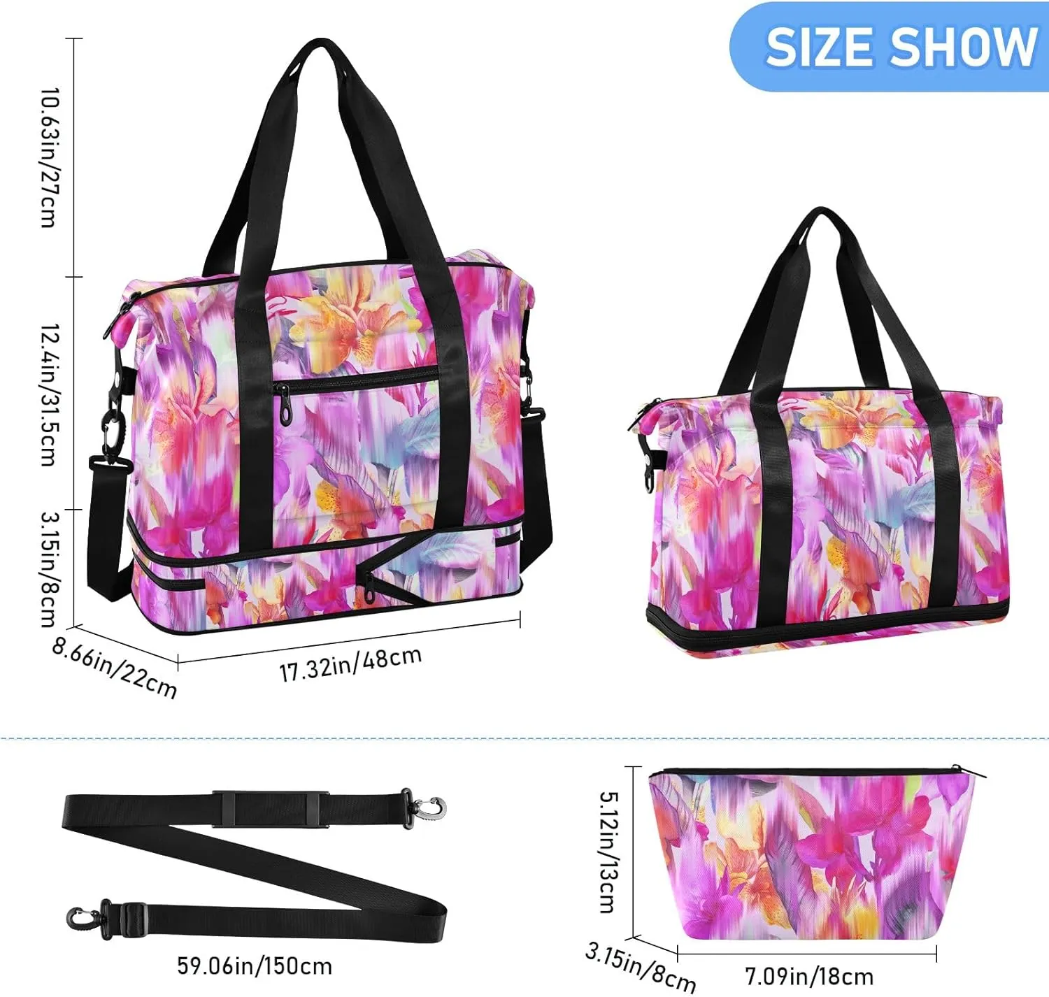 Blurred Tropical Flowers Expandable Travel Weekender Bags with Wet Pocket and Shoes Compartment Large Duffle Bag
