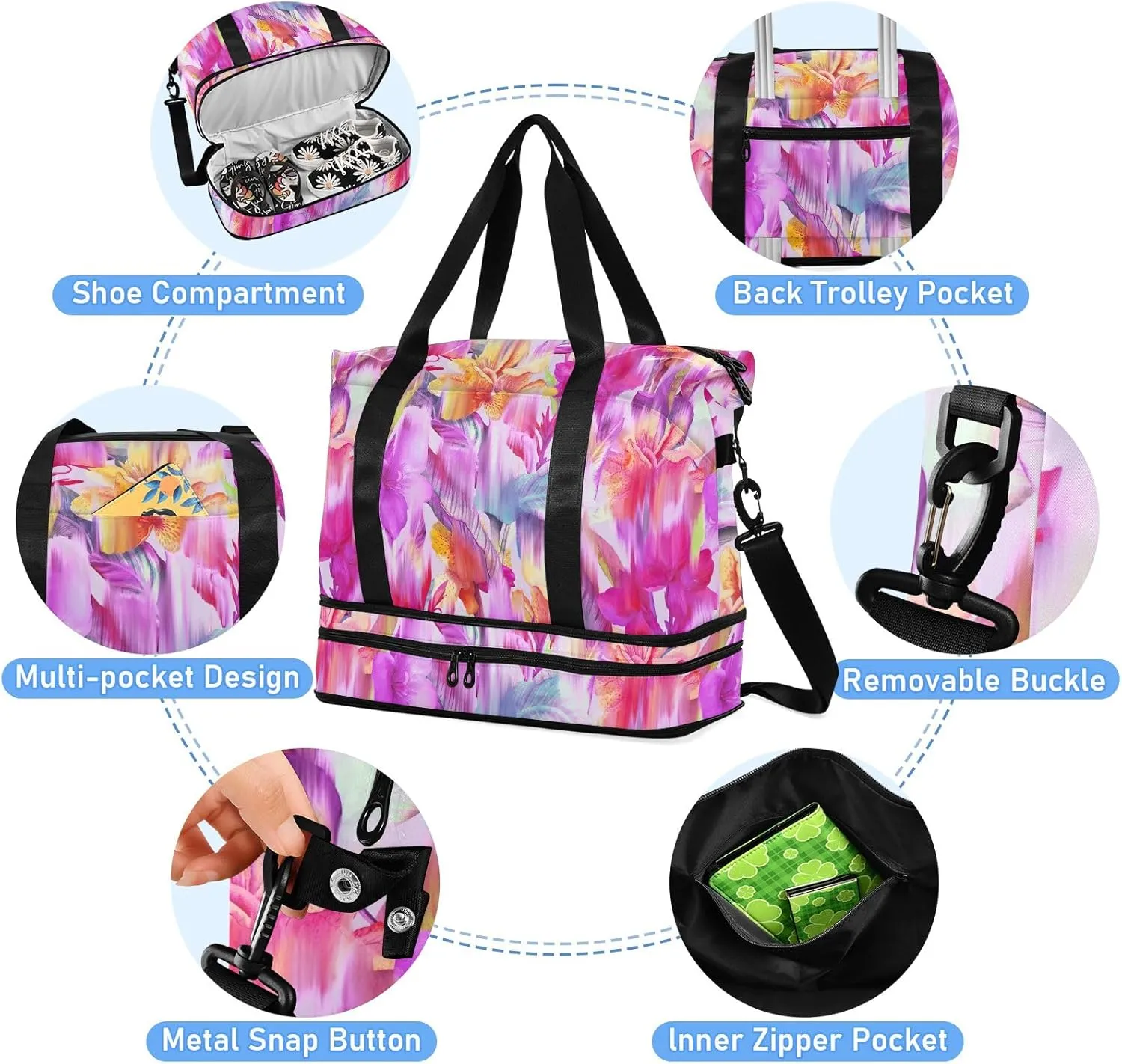 Blurred Tropical Flowers Expandable Travel Weekender Bags with Wet Pocket and Shoes Compartment Large Duffle Bag