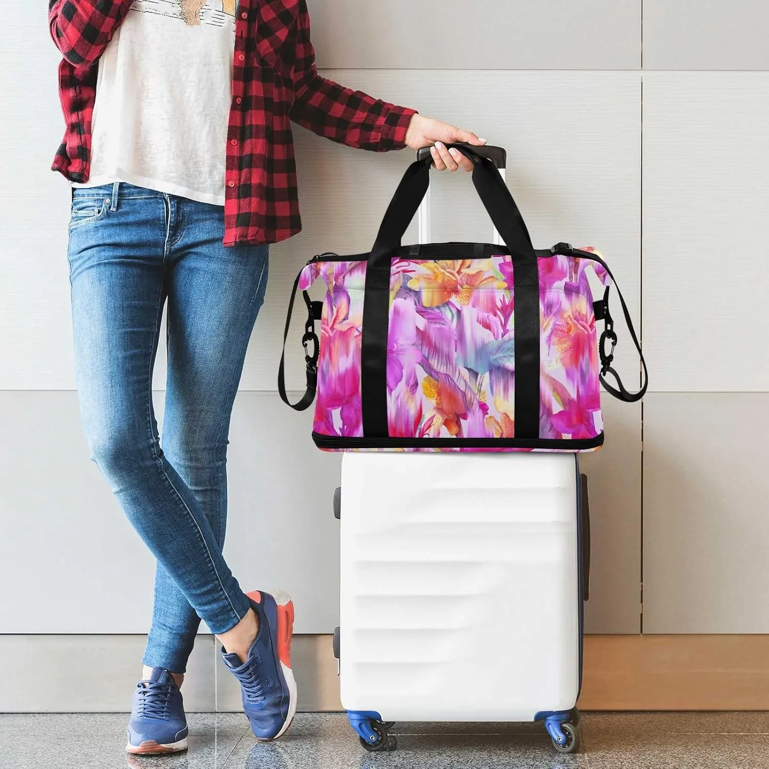 Blurred Tropical Flowers Expandable Travel Weekender Bags with Wet Pocket and Shoes Compartment Large Duffle Bag