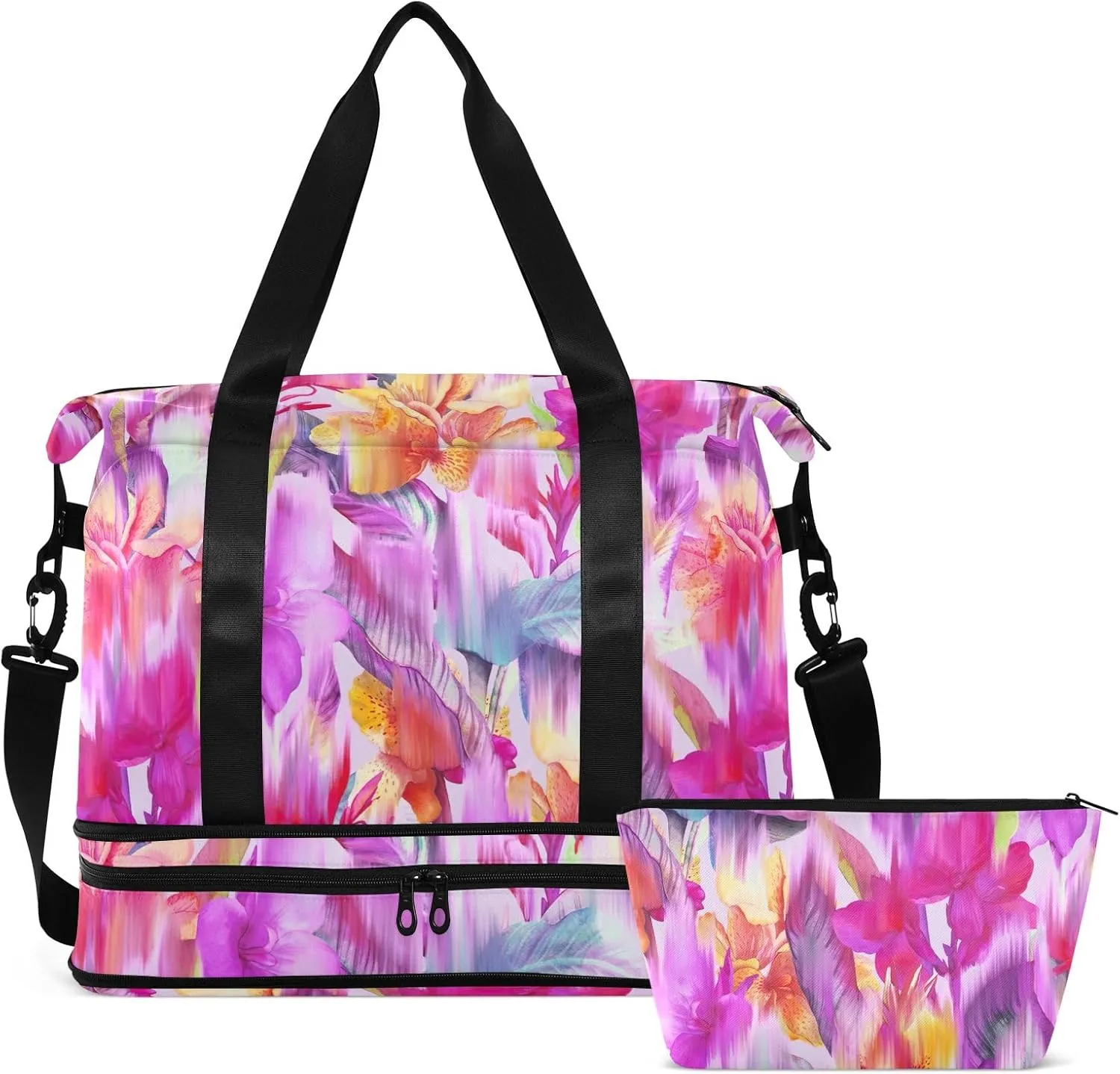 Blurred Tropical Flowers Expandable Travel Weekender Bags with Wet Pocket and Shoes Compartment Large Duffle Bag