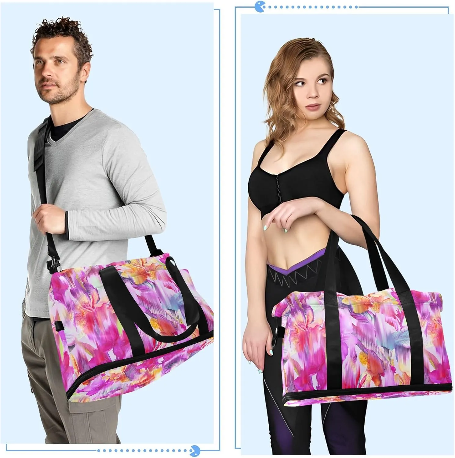 Blurred Tropical Flowers Expandable Travel Weekender Bags with Wet Pocket and Shoes Compartment Large Duffle Bag