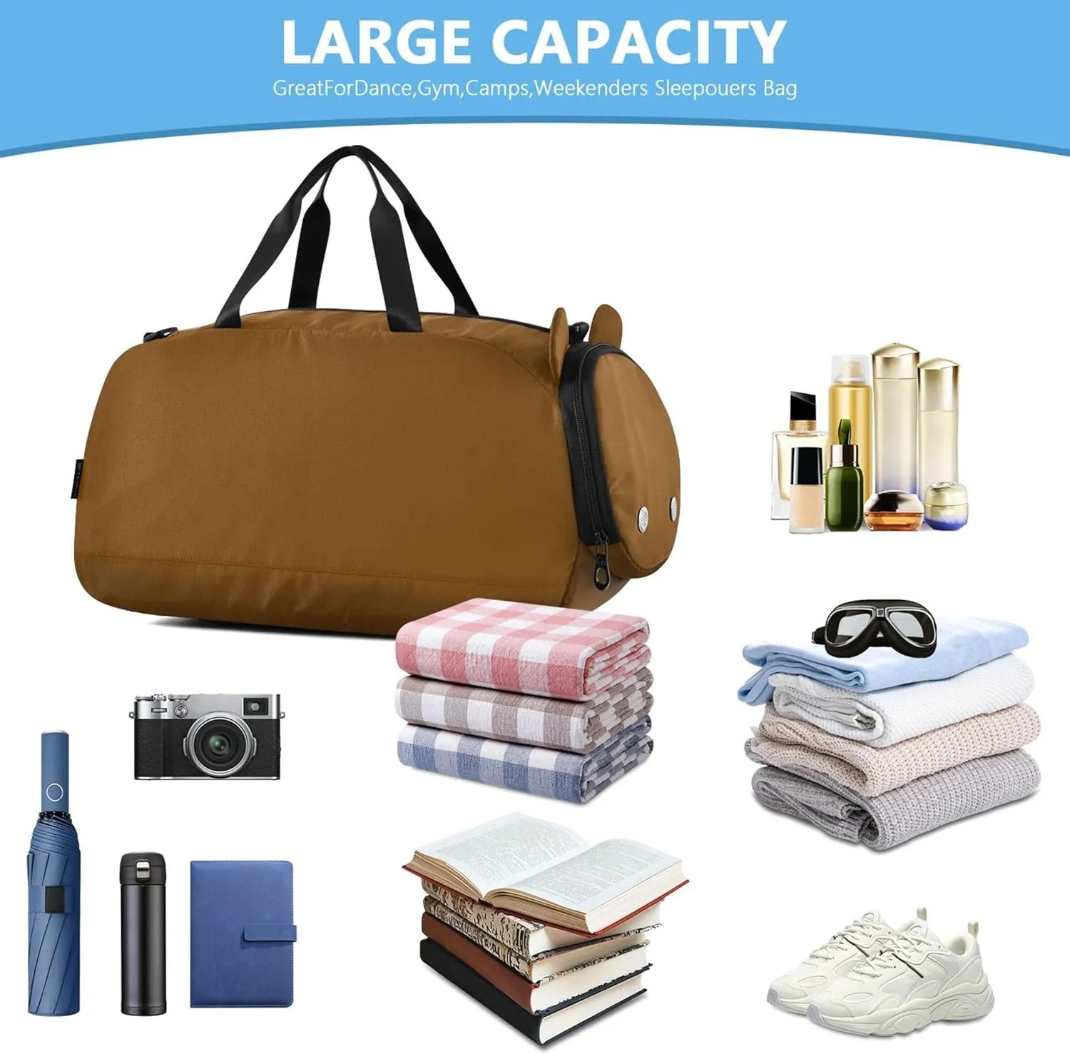 Brown Color Small Gym Bag with Shoes Compartment Multifunctional Kids Overnight Duffel Bag for Travel, Swimming, Dance, Ballet