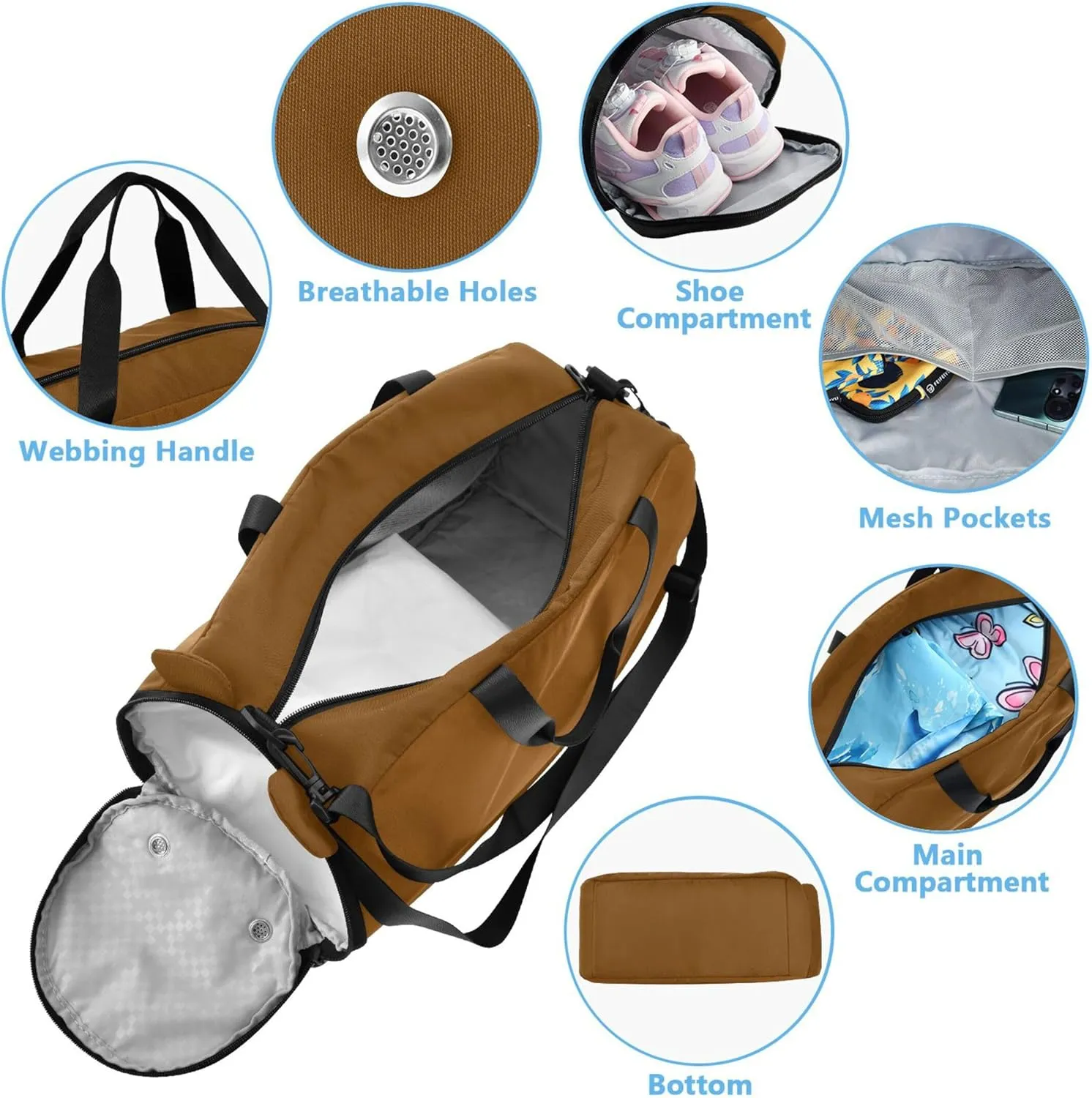 Brown Color Small Gym Bag with Shoes Compartment Multifunctional Kids Overnight Duffel Bag for Travel, Swimming, Dance, Ballet