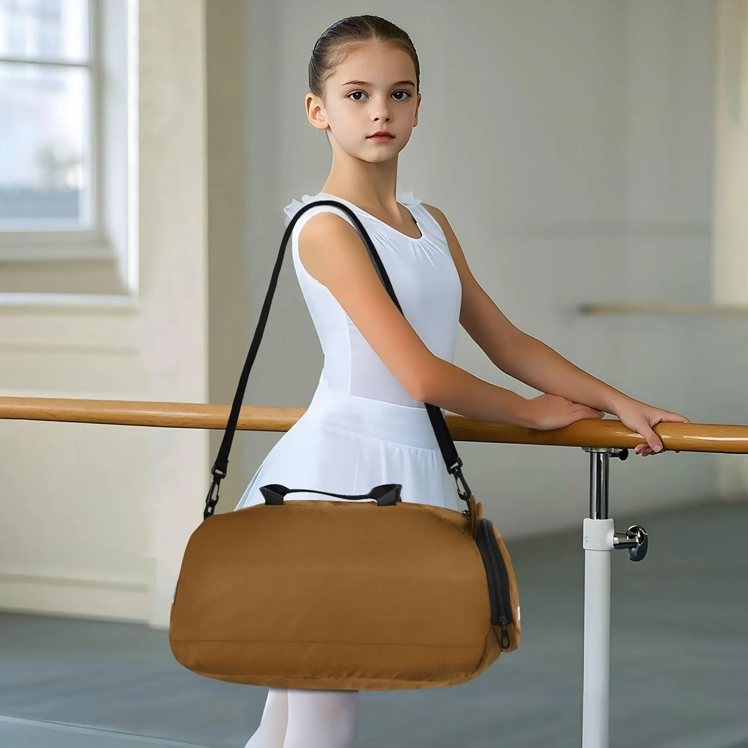 Brown Color Small Gym Bag with Shoes Compartment Multifunctional Kids Overnight Duffel Bag for Travel, Swimming, Dance, Ballet