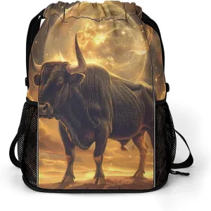 Bulls And Moon in The Desert Drawstring Backpack String Bag Sports Gym Sackpack with Side Pocket Shoes Compartment