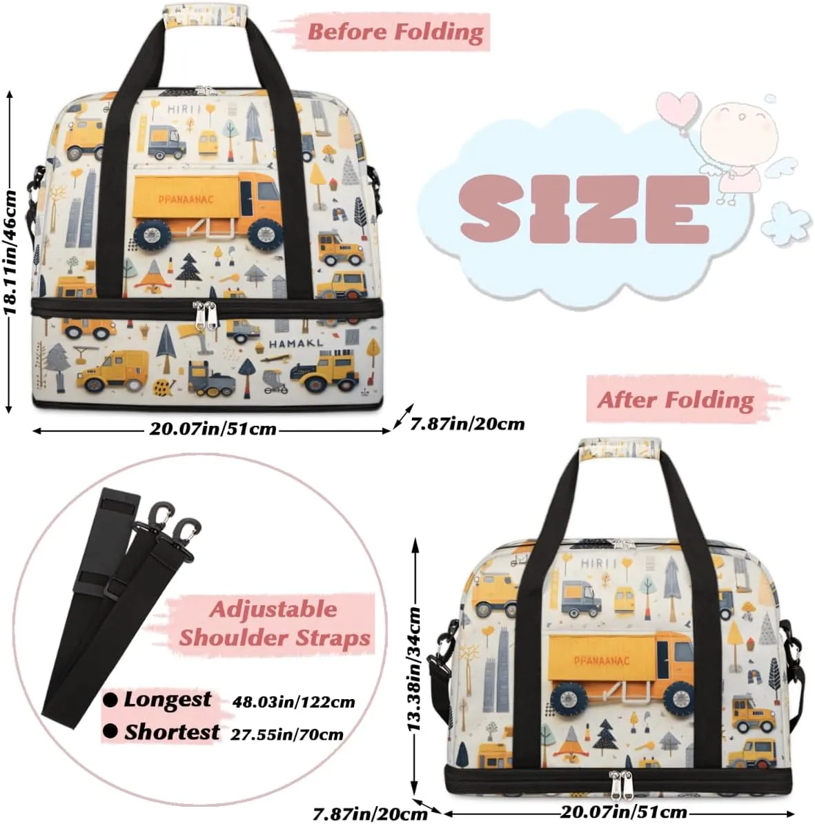 Cars Pattern Foldable Travel Duffel Bag Overnight Weekender Bag with Shoes Compartment Sports Gym Bag for Men Women