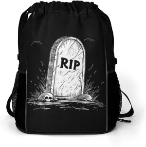 Cartoon Death RIP Drawstring Backpack String Bag Sports Gym Sackpack with Side Pocket Shoes Compartment