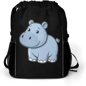 Cartoon Hippos Drawstring Backpack String Bag Sports Gym Sackpack with Side Pocket Shoes Compartment