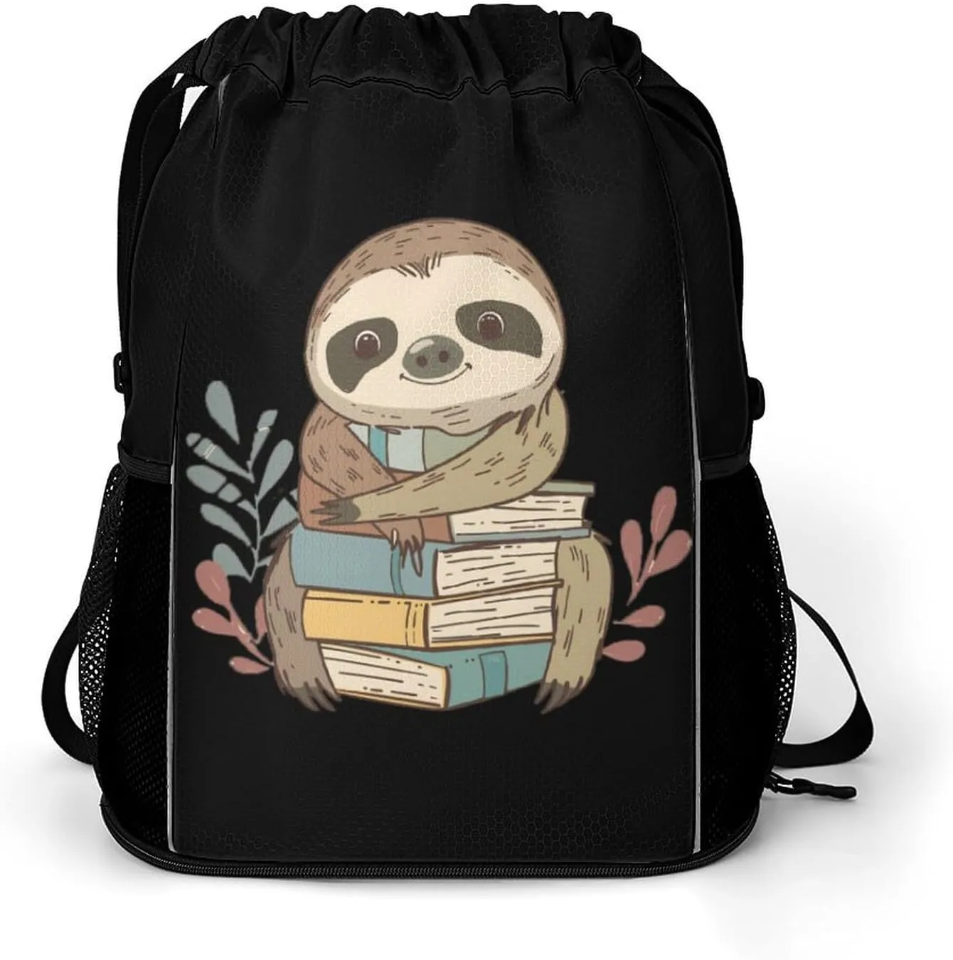 Cartoon Sloth Holding Books Drawstring Backpack String Bag Sports Gym Sackpack with Side Pocket Shoes Compartment