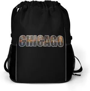 Chicago City Night Scene Drawstring Backpack String Bag Sports Gym Sackpack with Side Pocket Shoes Compartment