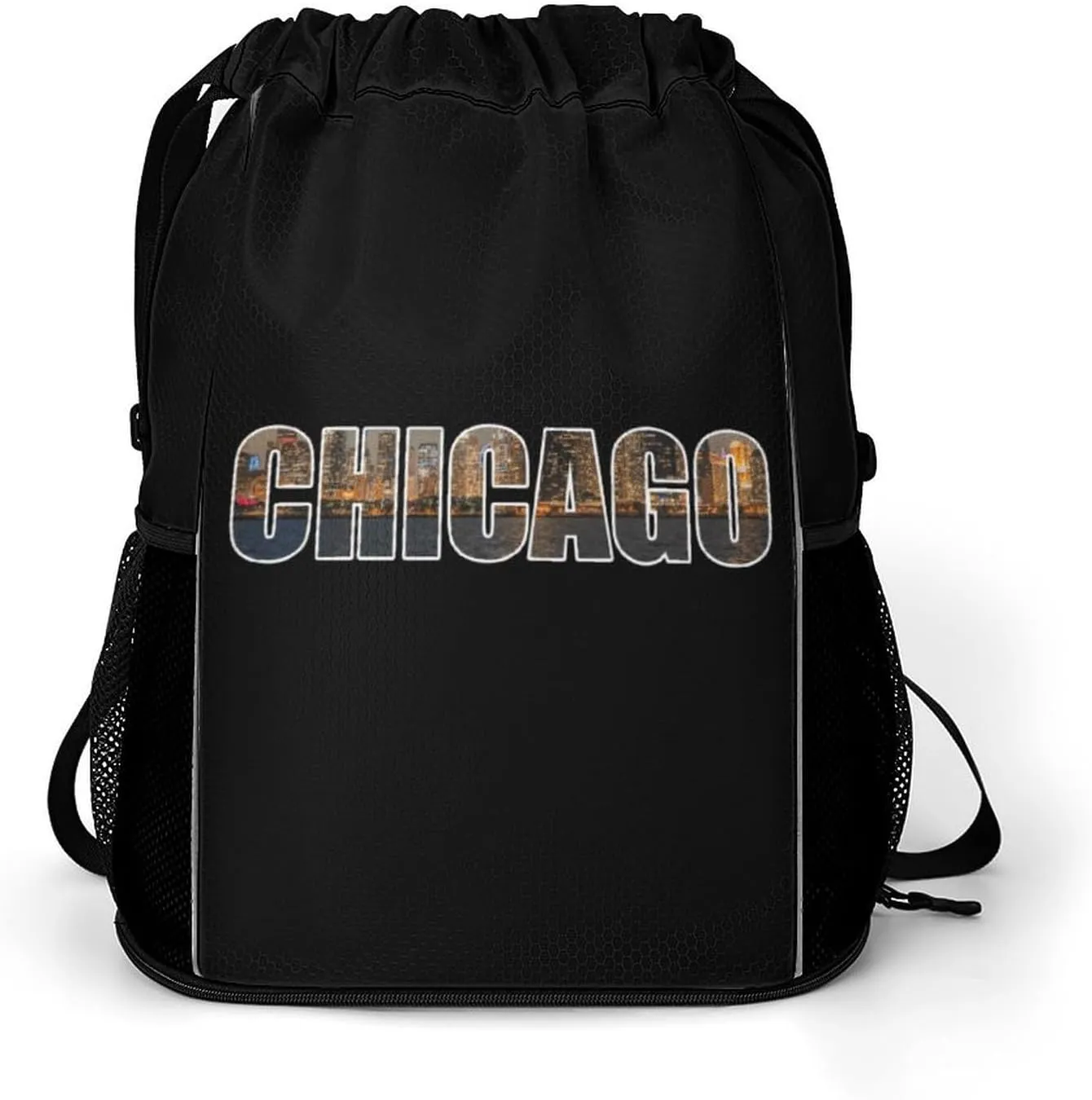 Chicago City Night Scene Drawstring Backpack String Bag Sports Gym Sackpack with Side Pocket Shoes Compartment