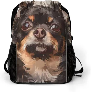 Chihuahua Dog Watercolor Drawstring Backpack String Bag Sports Gym Sackpack with Side Pocket Shoes Compartment